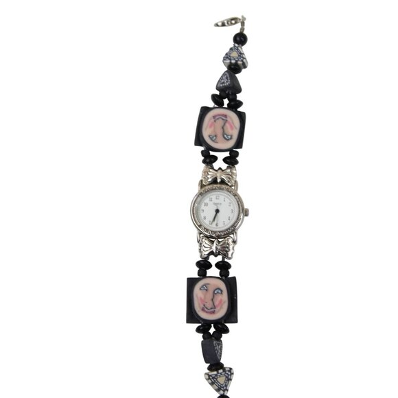Diane Manzi Accessories - Wristwatch Face Beaded Black Bead Silvertone Needs Battery Vintage 93444